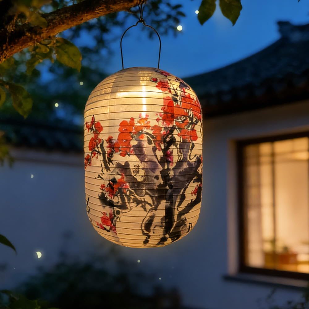 Wrqioo Warm White Light Hanging Solar Lanterns Outdoor Garden, 25Cm Solar Lights Outdoor Garden Lantern, Waterproof Nylon Cloth Chinese Japanese Lantern Plum Blossom So-Lar Gar-Den Lights Hanging, Warm White