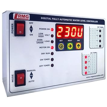RMG Single Phase Digital Fully Automatic Water Level Controller - OH & UG Tank with Low/High Voltage, Overload, Dry Run Protection and Timer Features