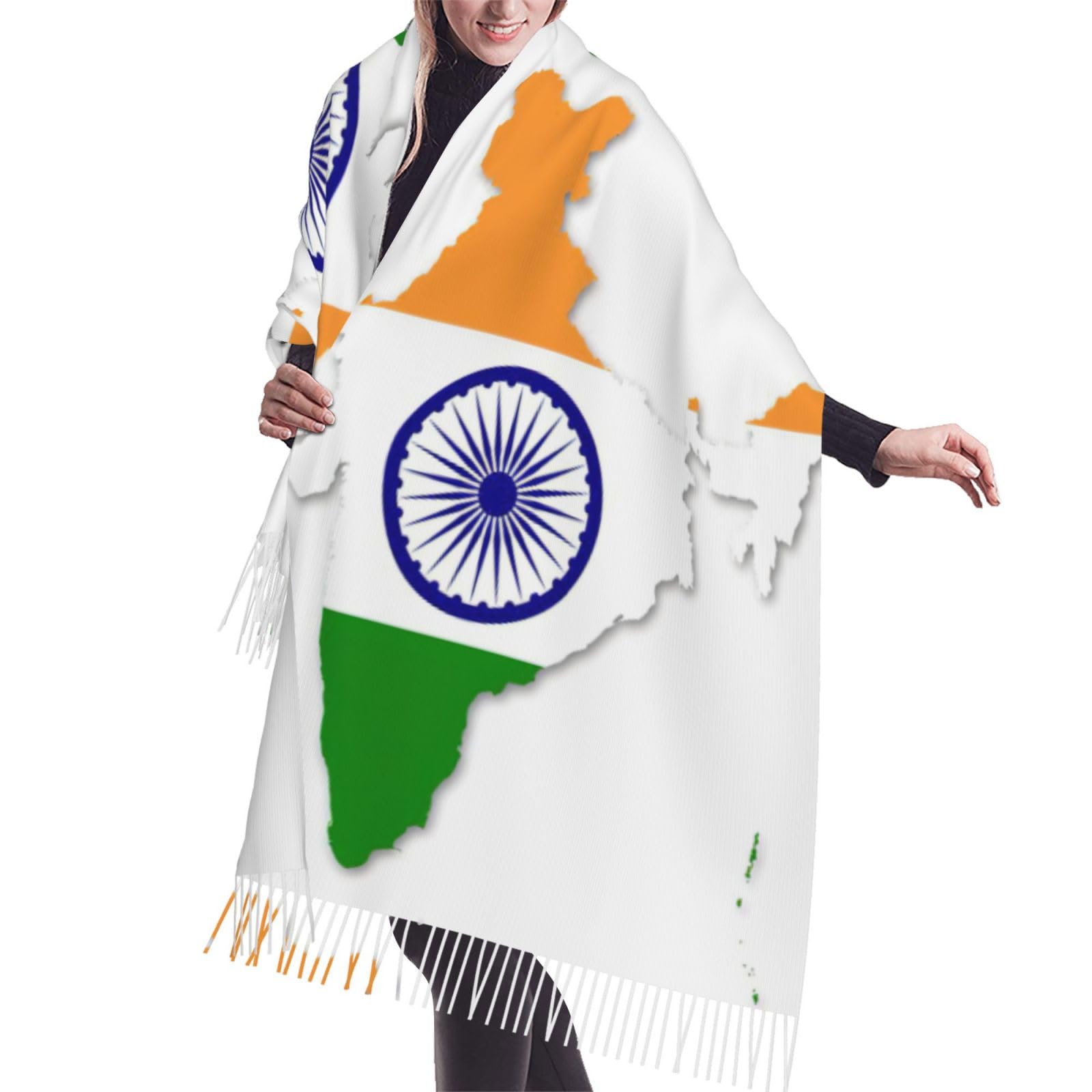 JEJEA Flag Map Of India Print Print Faux Cashmere Fringe Shawl - Warm Winter Scarf For Women, Soft Cozy Wrap For Cold Weather
