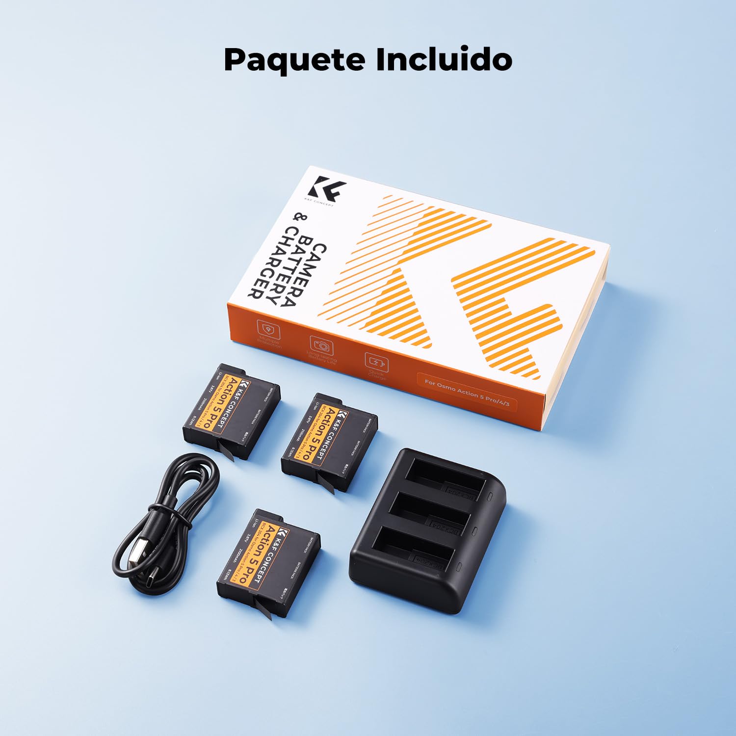 K&F CONCEPT 3 Pack Baterías 2100 mAh y Cargador Compatible con dji Cámara OSMO 360 Action 5 Pro/6/4/3 USB-C