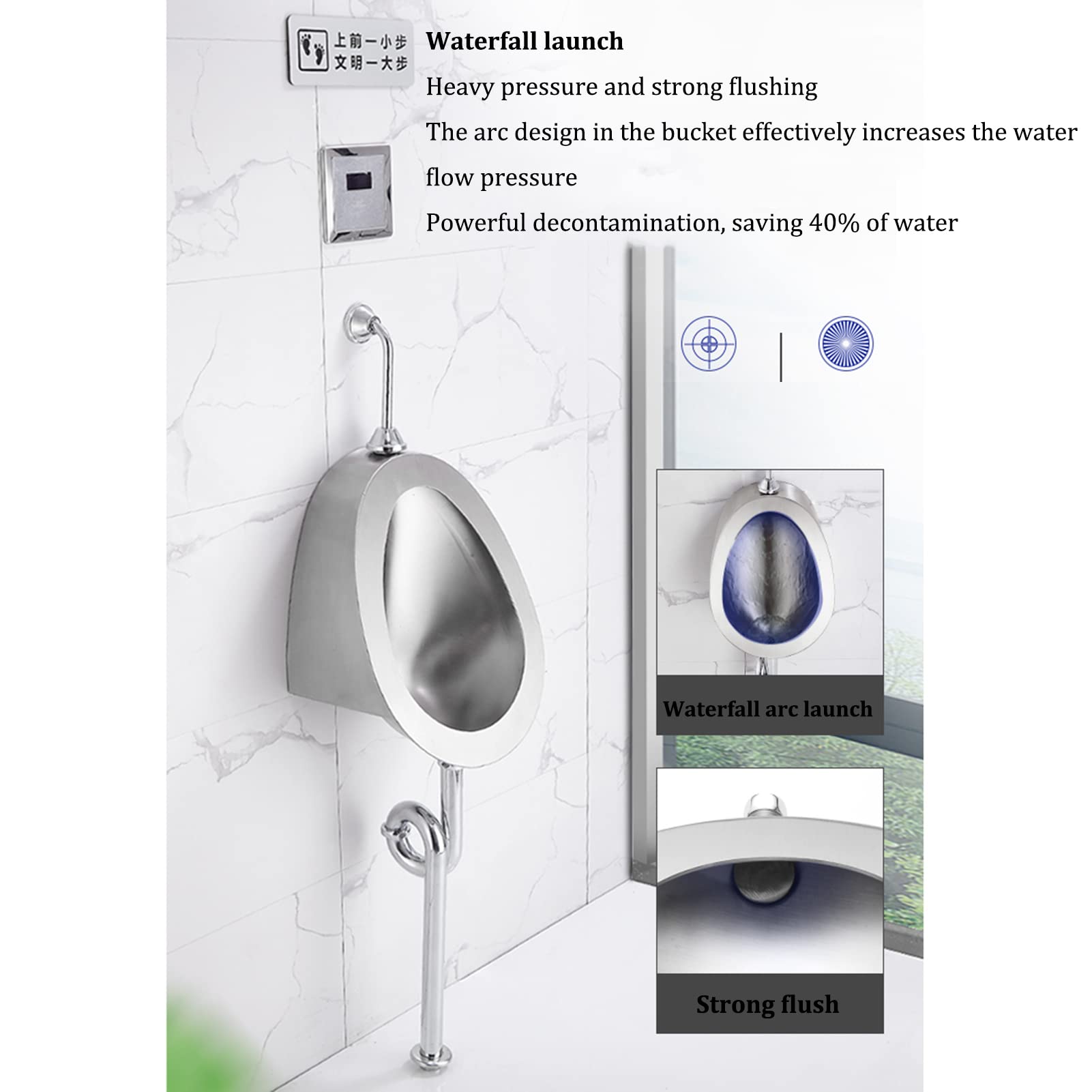 OTQEFTN 304 Stainless Steel Automatic Induction Urinal, Wall-Mounted Public Toilet Urinal, Contact-Free Toilet Urinal with Flush Valve,Flushing Men's Urinal