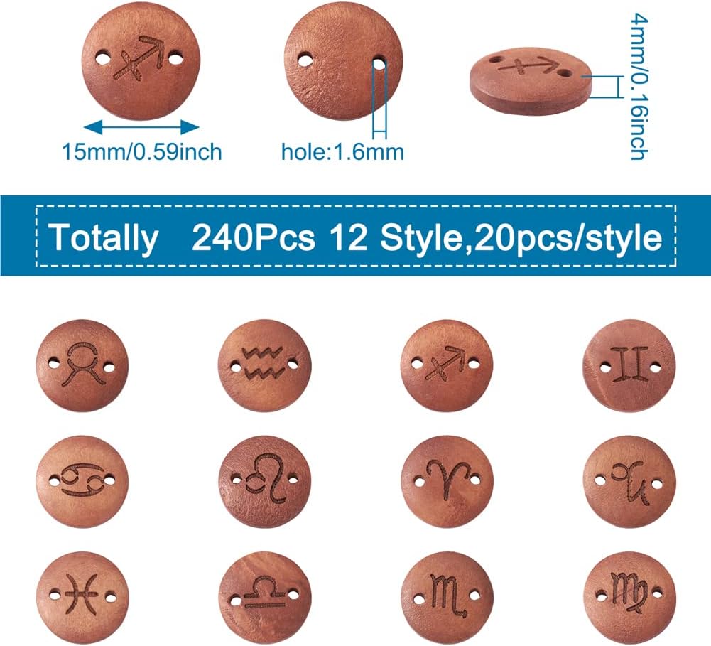 Craftdady 240pcs Wood Zodiac Sign Link Charm 15mm Flat Round 12 Constellation Wooden Bead Connector Link 2- Hole for Bracelets Necklaces Earrings Jewelry Crafts Making