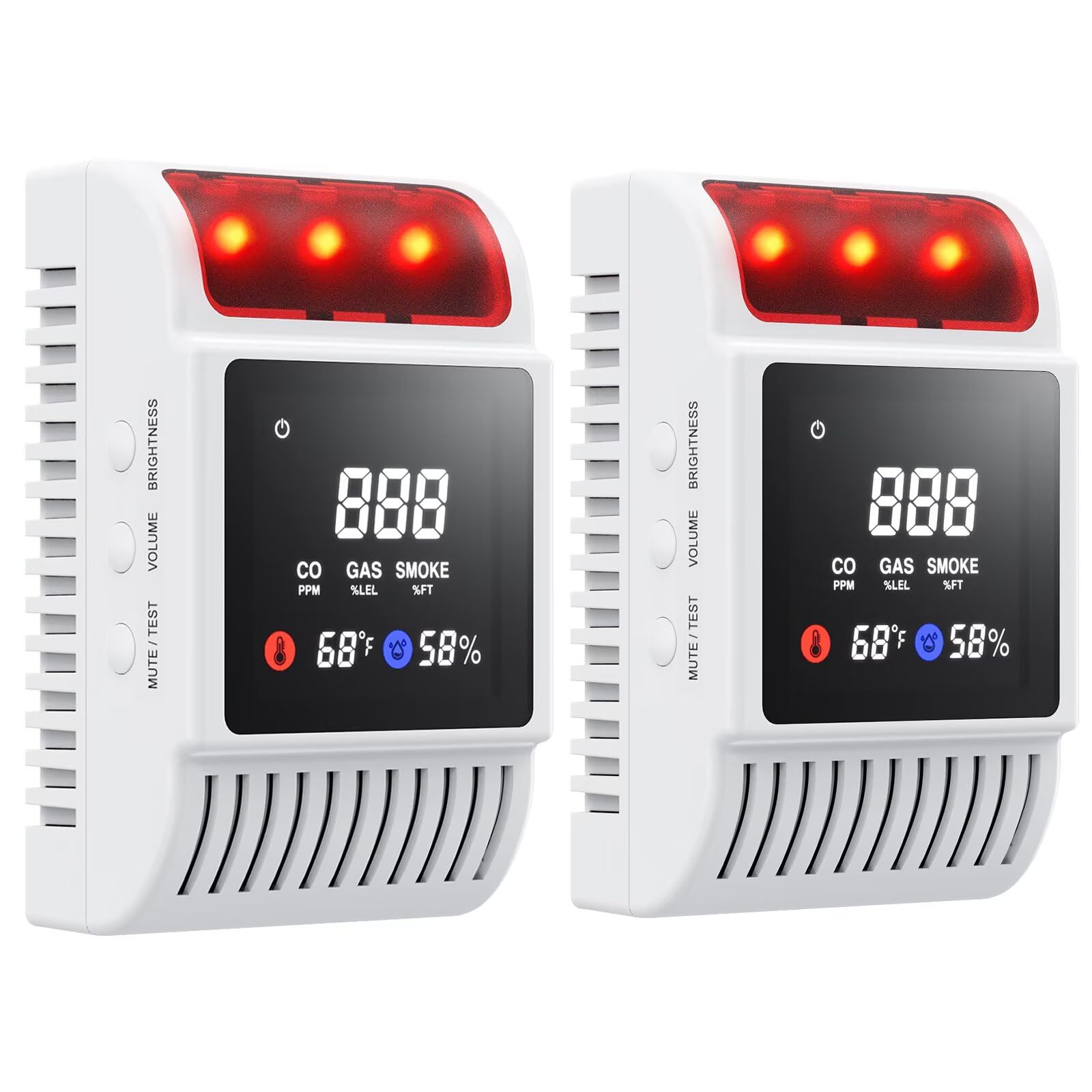 6-in-1 Smoke and Carbon Monoxide Detectors Plug in, Gas Leak Detector with Battery Backup, Adjustable Brightness &amp; Volume Levels, Smoke Alarm with Temp/Humidity for Home, RV, Travel(2-Pack)