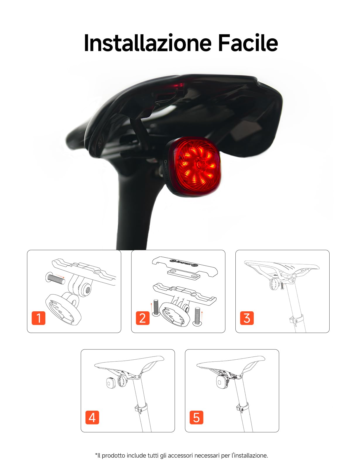 iGPSPORT TL50 Luci Bicicletta led, Ricaricabile Tramite USB-C, Sensore Freno, Luci Bici ad alta Luminosità da 1,2 km, 6 Modalità di Illuminazione, IPX7