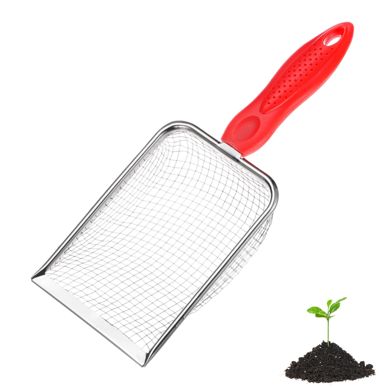 M METERXITY 1-Pack Gardening Soil Sifter, 4.3 mm Mesh Stainless Steel Portable Gardening Sifter with Non-Slip Handle for Sand/Dirt/Rock/Compost [White, Red]