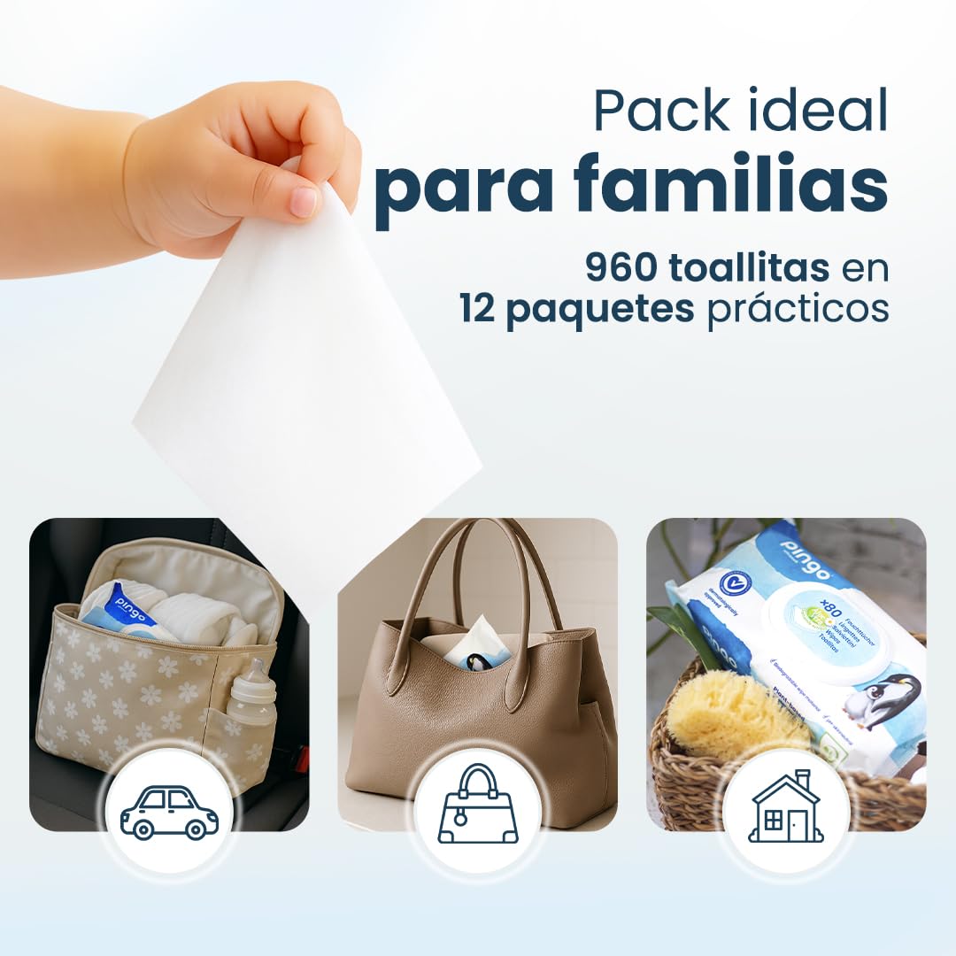 Pingo Toallitas Húmedas para Bebé, 99% Agua, Sin Perfume, Hipoalergénicas y Suaves, 960 Toallitas (12 Packs de 80) - Cuida y Protege la Piel Delicada