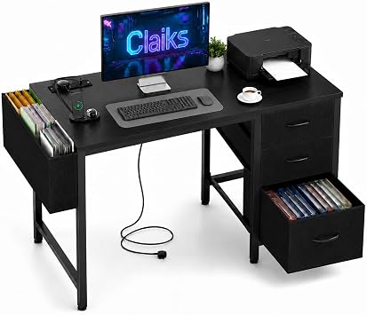 Claiks 100x60cm Computer Desk with Drawers & Charging Station, Office Desk with Storage Bag, Study Desk with USB Ports & AC Outlets for Home Office, Black