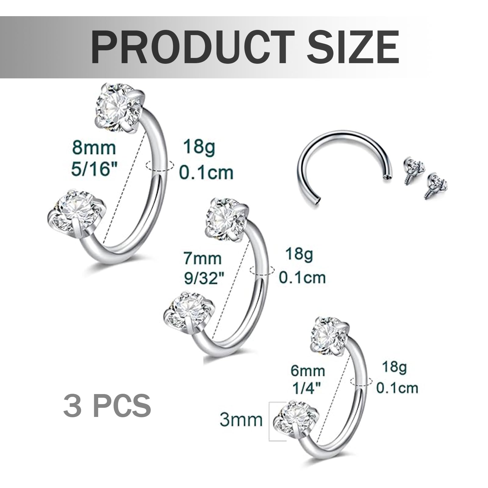 Nymora Anillo de Nariz de Plata 18G 3 Piezas (6mm 7mm 8mm) Piercing de Herradura de Circonio, Anillo de Piercing de Labios y Anillo de Helix con Herramienta de Agarre para Mujeres — view 2