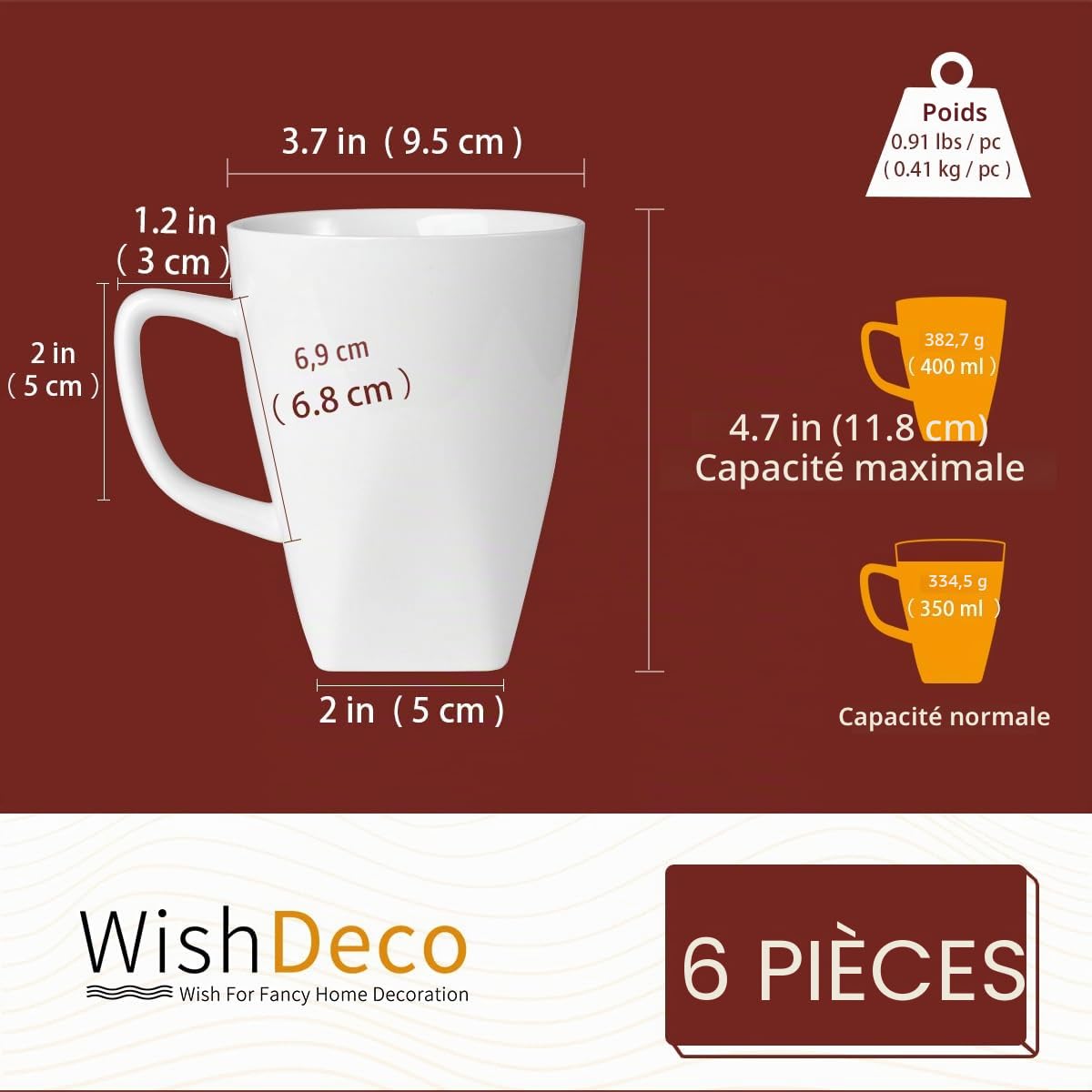 WishDeco Lot de 6 Tasses à Café, Mugs Blancs en Céramique 400 ml | Tasses à thé avec Anse, Grandes Tasse pour Lait, Jus de Fruit, Chocolat Chaud, Cappucino, Café latte, Fond Carré