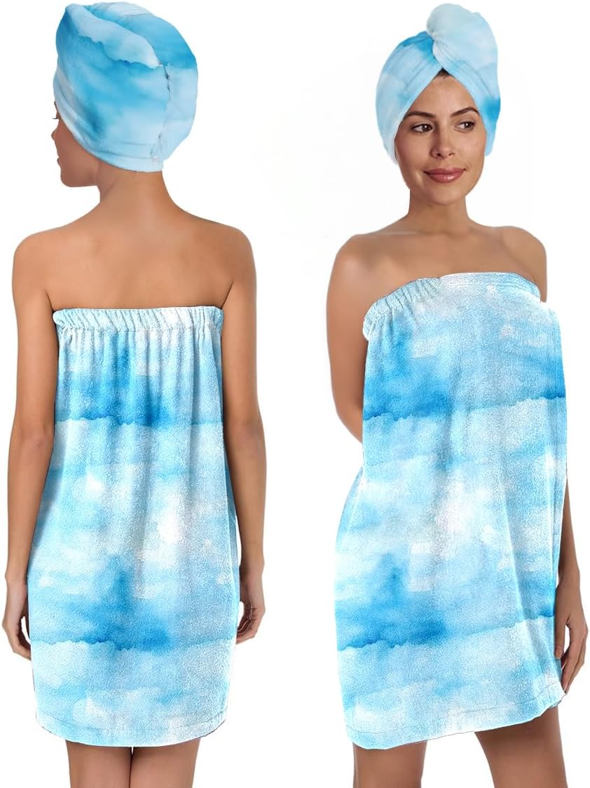 Spa Wrap Bath Towel Set with Hair Turban, Cloud Print Design, Sky Blue, Towel Robe for Women