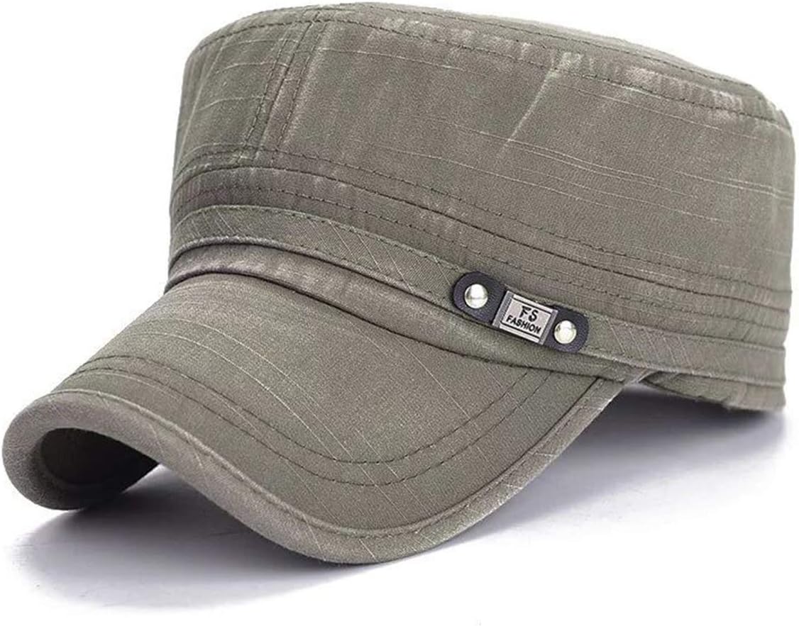 Adjustable Flat Top Cap Solid Brim Army Cadet Style Military Hat Beige