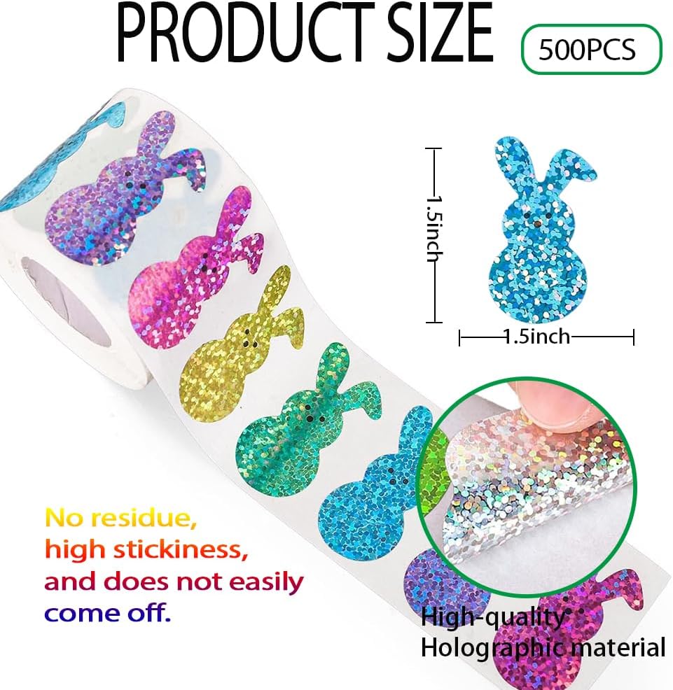 500Pcs Easter Bunny Stickers 1.5in Large Bling Sparkly Spring Happy Easter Bunny Stickers Roll 8 Colors Holographic Self-Adhesive Rabbit Sticker for Envelopes Scrapbook Decorations Supplies
