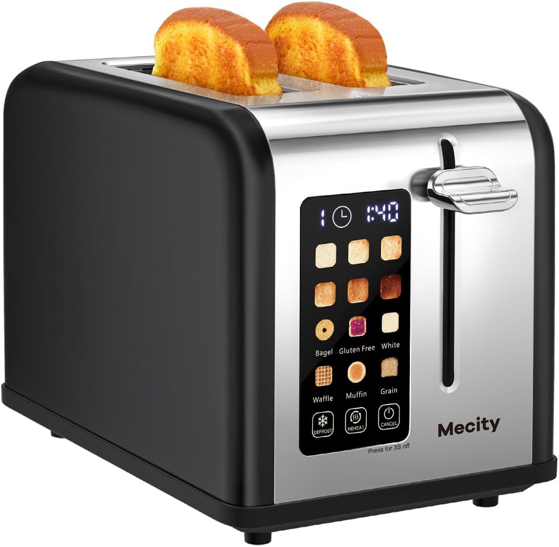 Mecity 2 Slice Touch Screen Toaster, 1.5" Wide Slot, Stainless Steel Smart Toaster for Bagels, Cupcakes, Waffles, Gluten Free Breads, Defrost