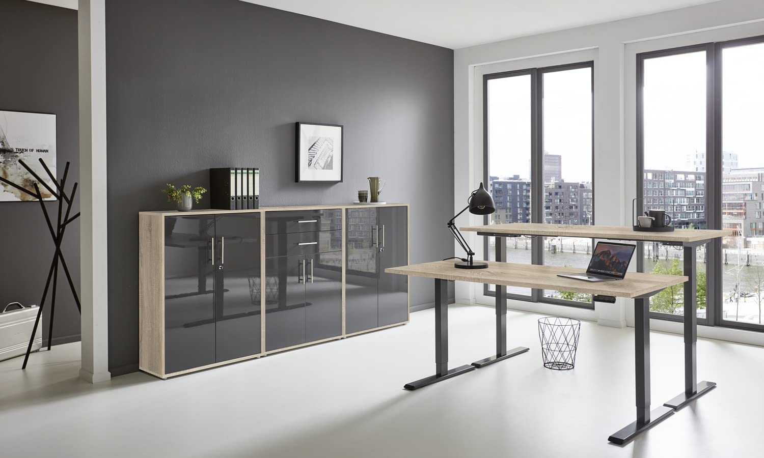 BMG Möbel e-Office Edition Set 15 Büromöbel-Set (Gestell: Anthrazit, Korpus-Front: Sonoma Eiche/Anthrazit Hochglanz, Tischplatte: Sonoma Eiche, Abmessung Tischplatte: 160 x 80 cm)