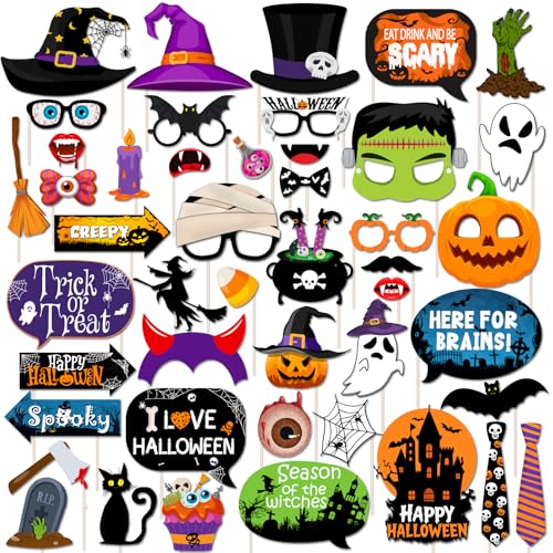 45Pcs Halloween Photo Booth Props Kit, Scary Halloween Photo Booth, Selfie Props for Dress Up Party Costumes Accessories Hallo ween Party Decorations