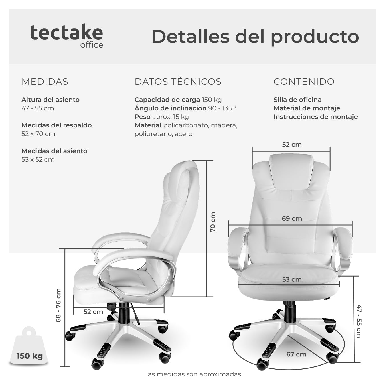 tectake® Silla EJECUTIVA DE DISEÑO, Silla Giratoria Oficina, Sillón Ergonómico con Acolchado, Altura Ajustable, Silla Oficina Ergonomica, Sillas Escritorio - Blanco