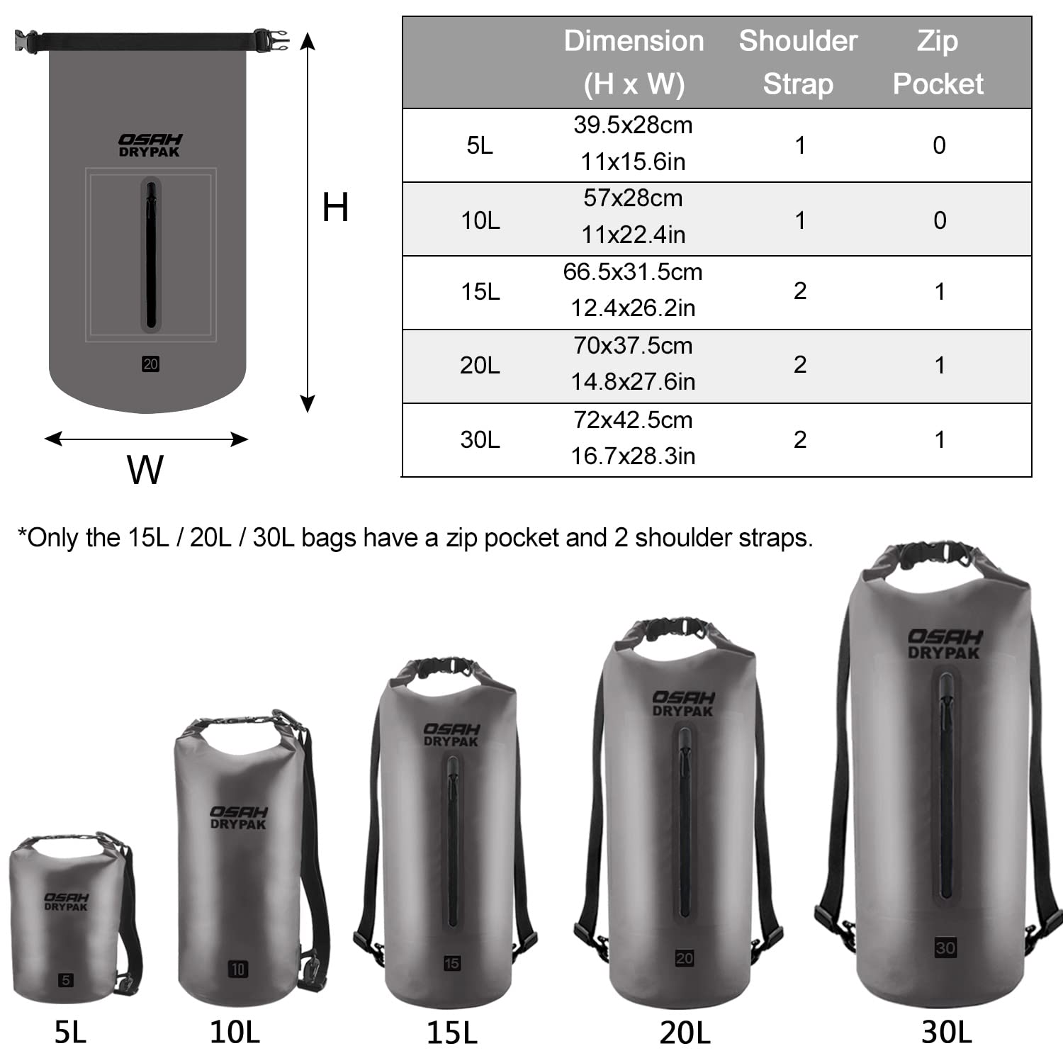 OSAH DRYPAK Borse Impermeabile Sacca Dry Bag 5L 10L 15L 20L 30L con Tracolla Regolabile per Spiaggia Sport d'Acqua Trekking Kayak Canoa Pesca Rafting Nuoto Campeggio