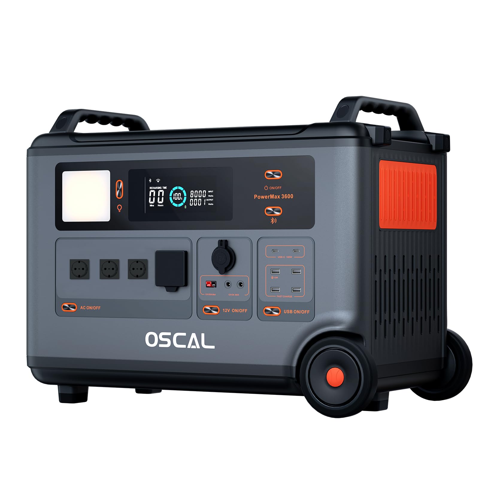 OSCAL PowerMax 3600 Generador eléctrico solar portátil 3600 W, ampliable hasta 57,6 kWh,estación de alimentación solar de 3600 Wh con 4 tomas CA 3600 W, emergencia con control APP para casa
