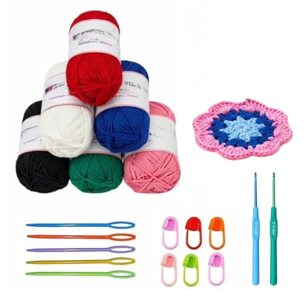 Crochet Kroshiya Starter Kit for Beginners with 7 Color Yarn, 2 Crochet Hooks, 5 Yarn Needles, 6 Stitch Markers, DIY Knitting & Crochet Supplies for Adults Kids, Granny Square Craft Kit-picture-14