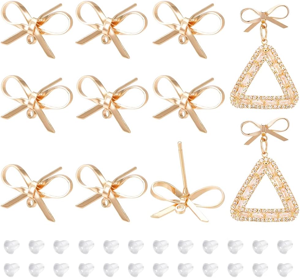 BENECREAT 12Pcs Real 18K Gold Plated Stud Earring Findings, Bow Tie Brass Earrings Stud with Horizontal Loops and 30Pcs Ear Nuts for Earring Making, Mother's Day, Wedding Gift DIY