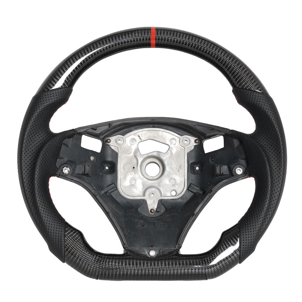 JIANGGAI Real Carbon Fiber Steering Wheel, D-Shaped Flat Bottom Steering Wheel With Red Indicate Fit for BMW E-Series SSG Edition 2005-2012(Large Paddle Shifter Holes Version)