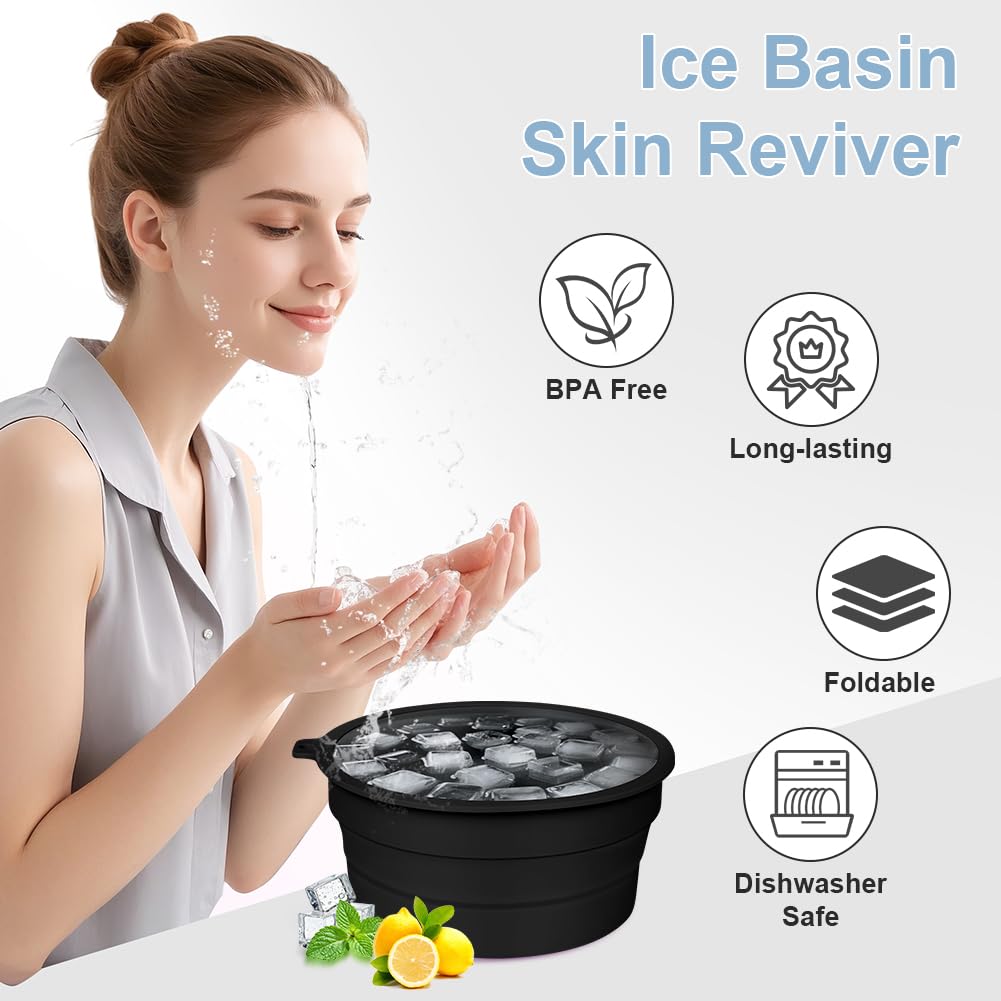Cuenco De Hielo De Silicona Para Cara, Tazón Facial Plegable Portátil Con Ice Tray Incorporado, Negro