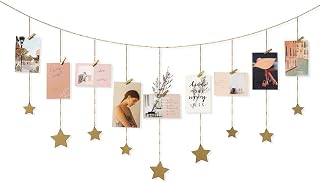 Mkono Boho Gold Wooden Stars Hanging Photo Garland Display with Metal Chains & 25 Clips - Wall Art for Bedroom Dorm Teen Room Decor Gift