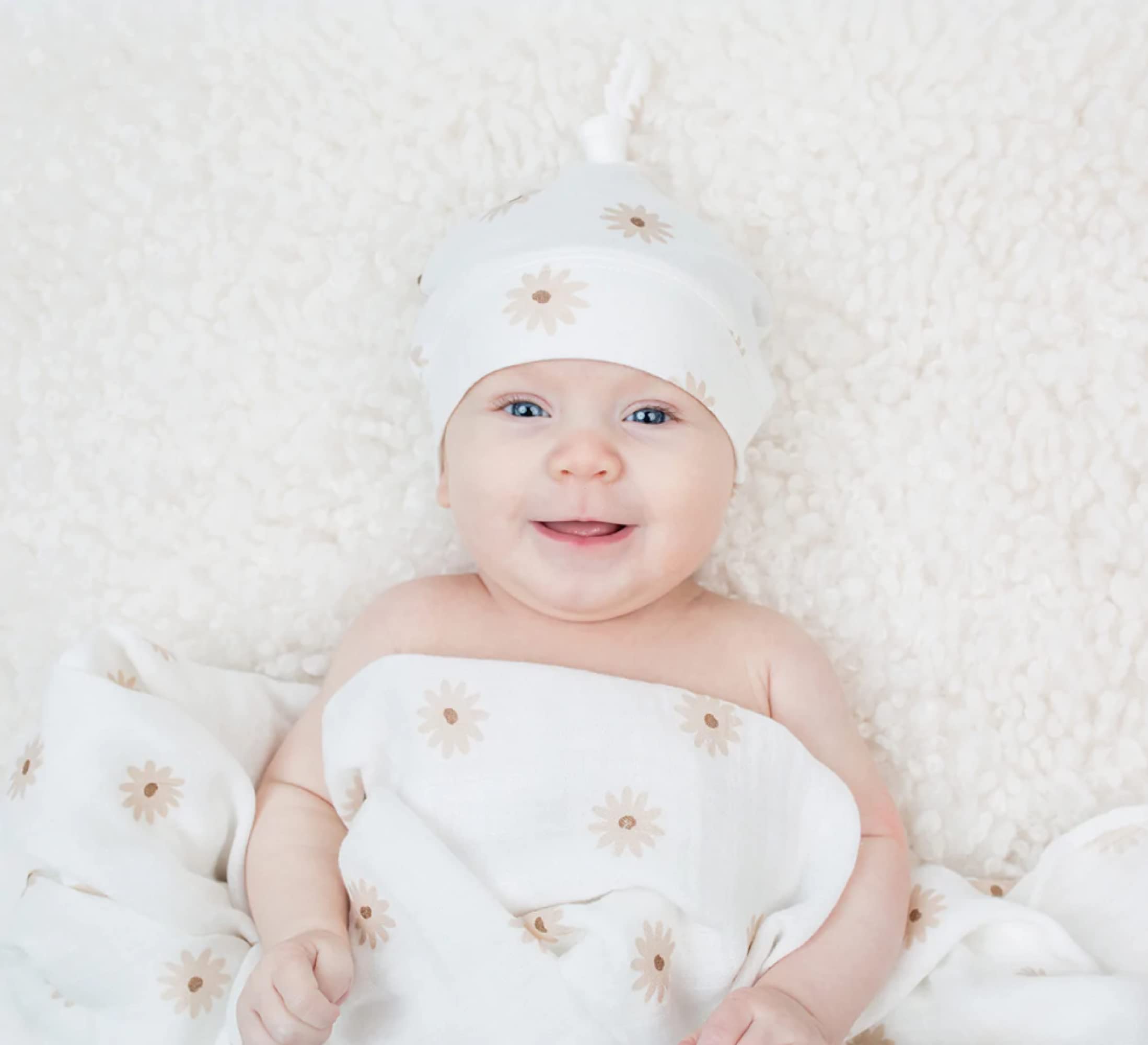 Lulujo Zestaw czapek i koców do przewijania ogłoszenia narodzin, unisex, najdelikatniejszy bambusowy, wiskozowy, muślinowy koc dla niemowląt, koc do przewijania, 119 x 119 cm, stokrotki