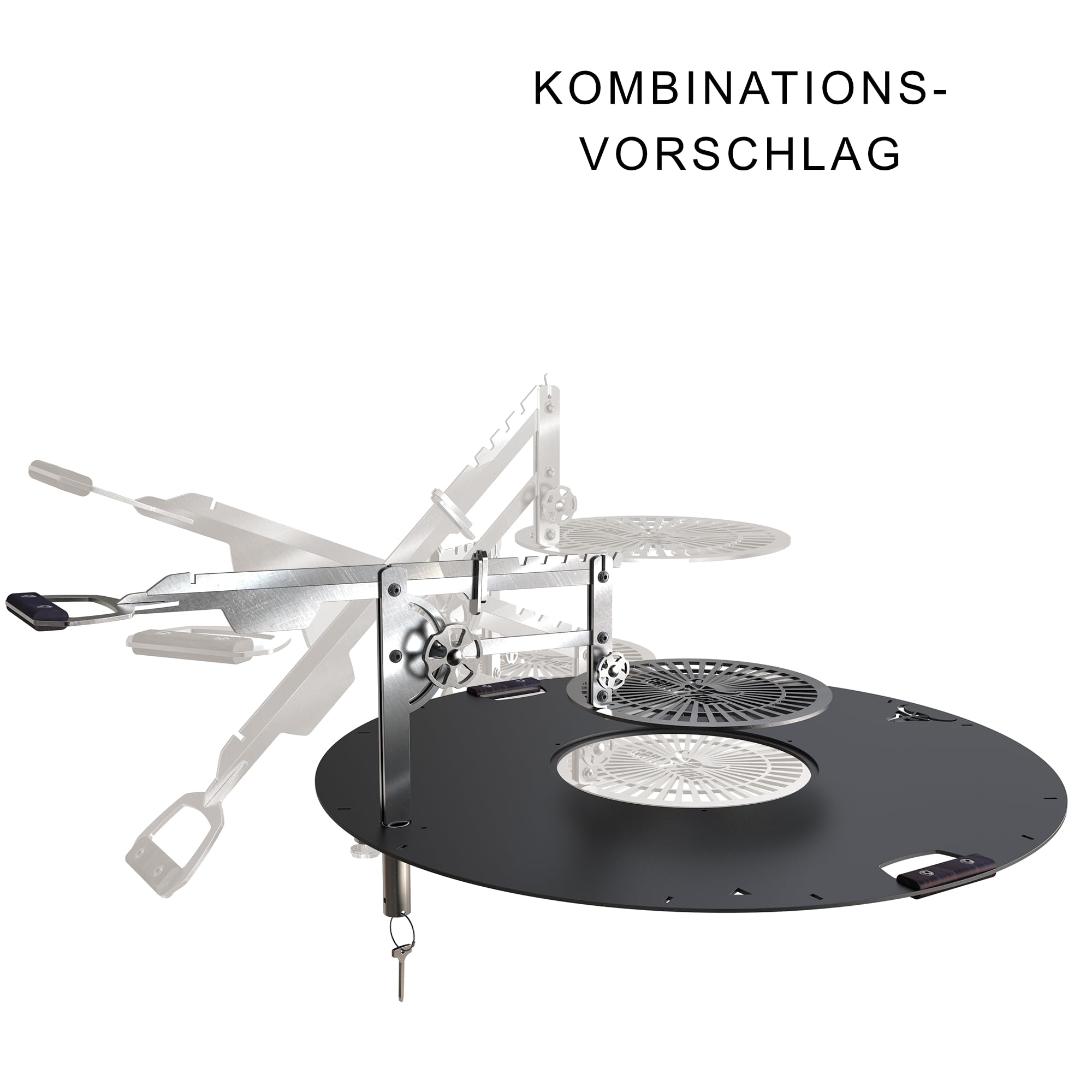 Grillfire XT-SET GRILLHAND – Höhenverstellbarer Edelstahl-Grillarm für FX-Feuerplatten | Werkzeuglos montierbar | Mit Lampenhalter & Zubehörfunktion für Dutch Oven & Schaukelrost