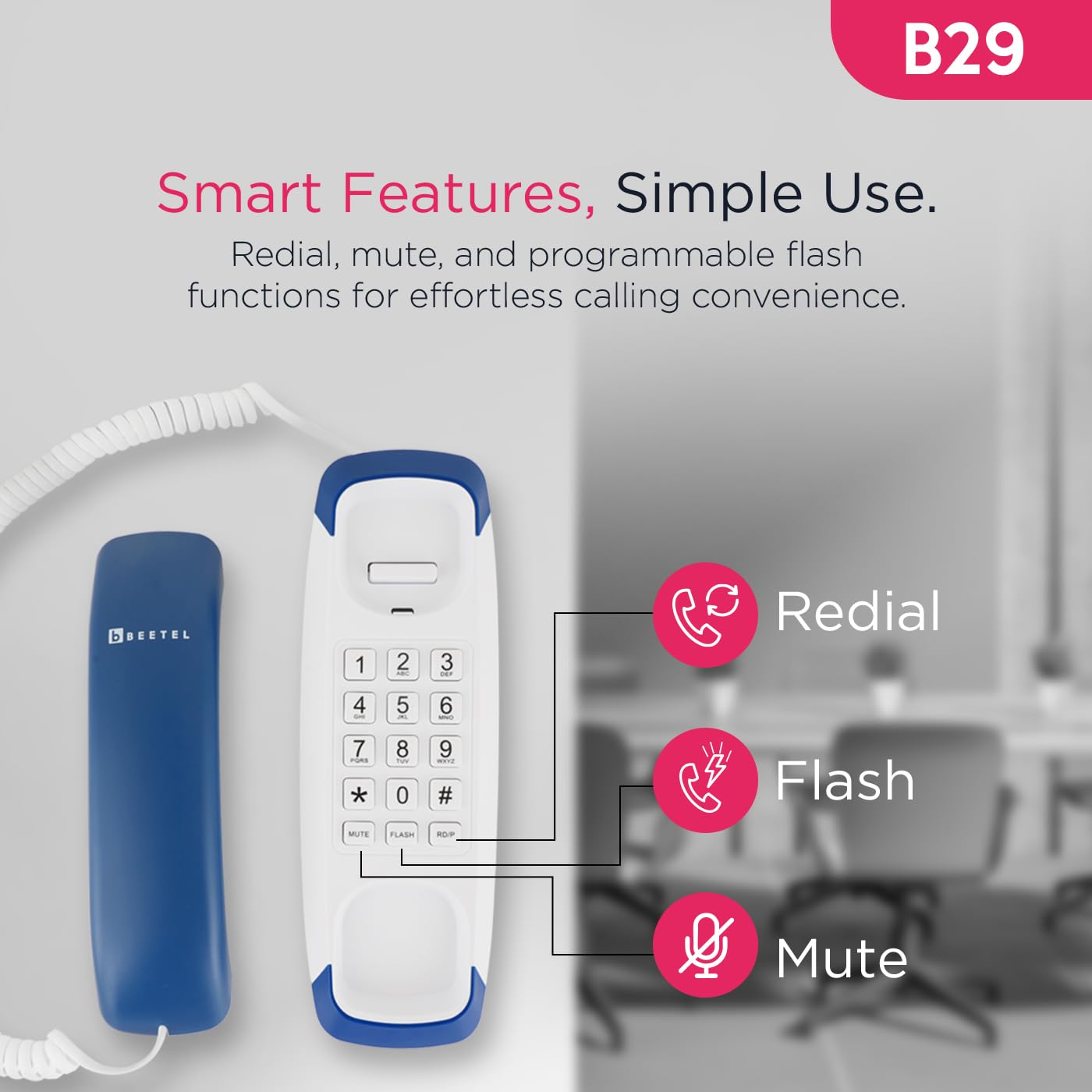 Beetel B29 Designer Slim and Stylish Corded Landline Phone,Ringer Volume Control,Wall/Desk Mountable,Clear Call Quality,Compact Design,Tone Pulse/Flash/Redial Function (Made in India)(Blue White)(B29) — Amazon image 5
