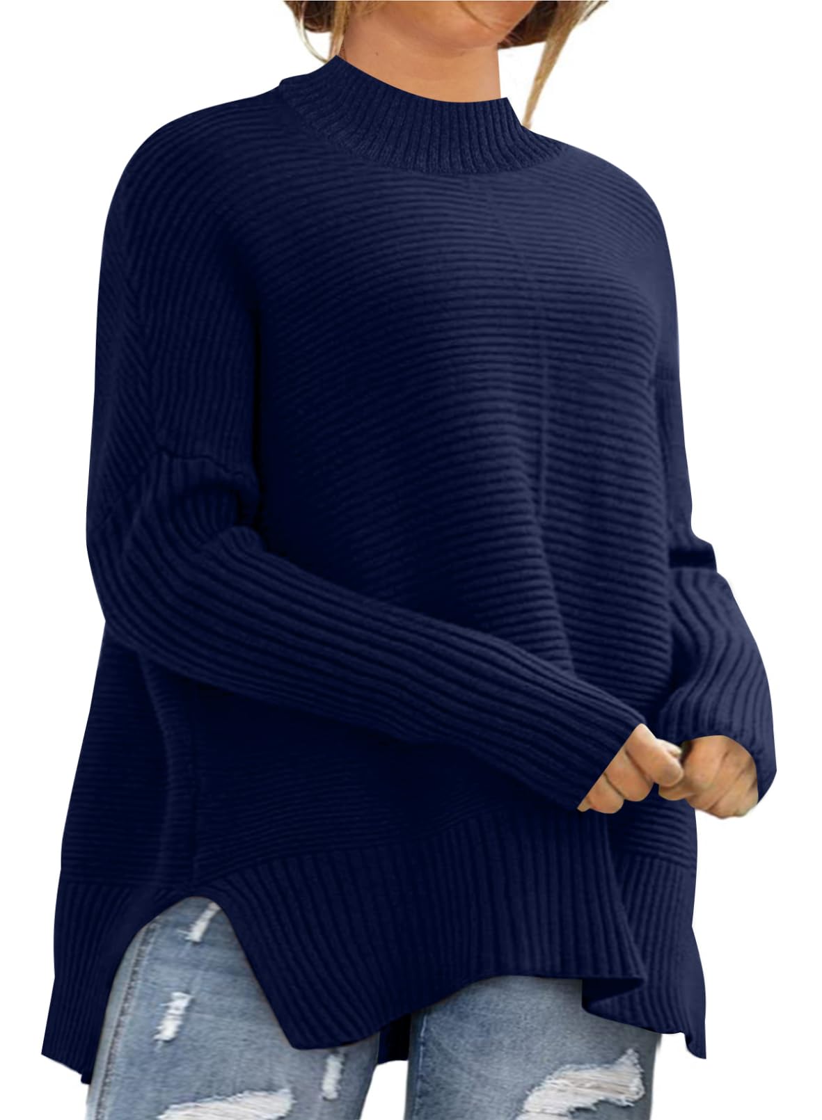 Eytino Womens Plus Size Sweaters Long Sleeve Crew Neck Split Hem Casual Oversized Ribbed Knit Tunic Pullover Tops(1X-5X)