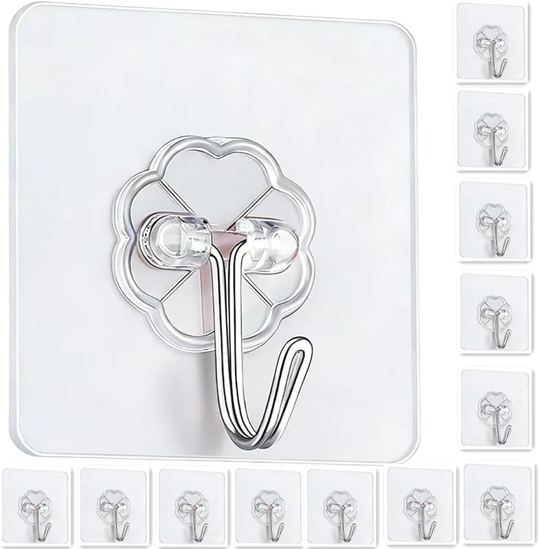 Adhesive Hooks - Heavy Duty Sticky Wall Hooks for Hanging, Removable Waterproof Hooks for Bathroom Kitchen, Damage-Free Transparent Hooks 12pcs