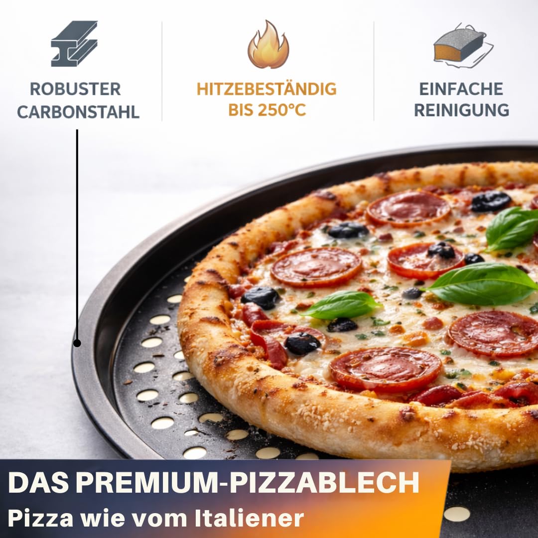 Lot de 4 plaques à pizza Ø 32 cm - Plaque ronde perforée pour pizza et tarte flambée en acier - Revêtement antiadhésif - Résistant à la chaleur jusqu'à 250° - Anthracite
