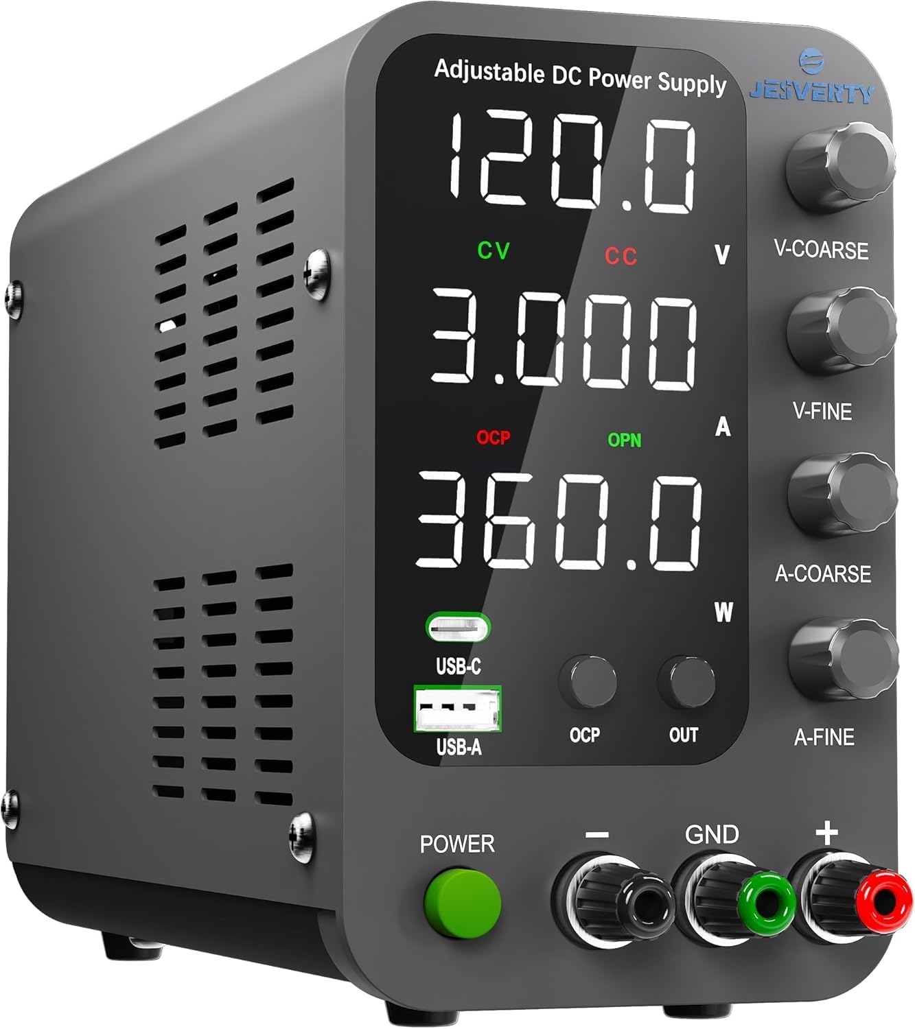 Jesverty New SPS-12003V (120V/3A) DC Stabilized Power Supply, 0-120V 0-3A Voltage Variable, Switching Power Supply, 20W USB Type-A & Type-C Rapid Charge, Encoder Knob, Output On/Off Switch, Precision