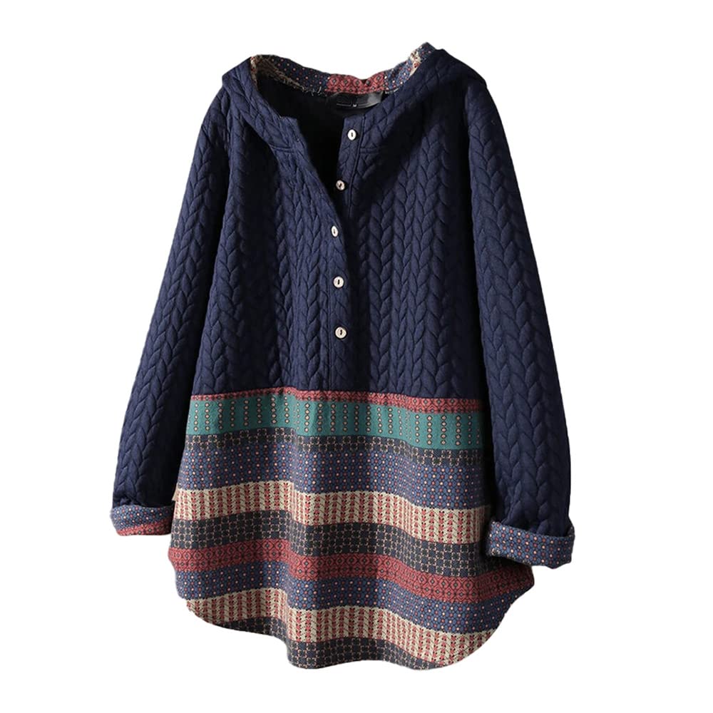 Mankalvxy Hoodie Womens Pullover Ethnic Floral Print Solid Patchwork Loose Outerwear Size S-2XL 4-20