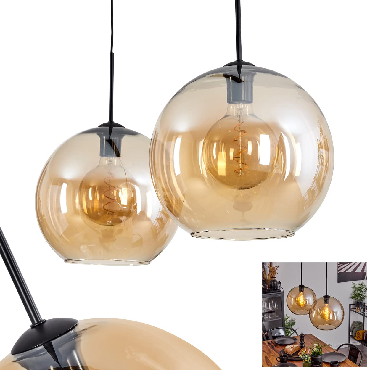 Hanging lamp Koyoto, Hanging lamp Made of Metal/Glass in Black/Amber, 2-Flame lamp in Vintage/Retro Design with lampshades of Glass (Γ 30 cm), Height max. 152 cm, E27, Without Bulbs