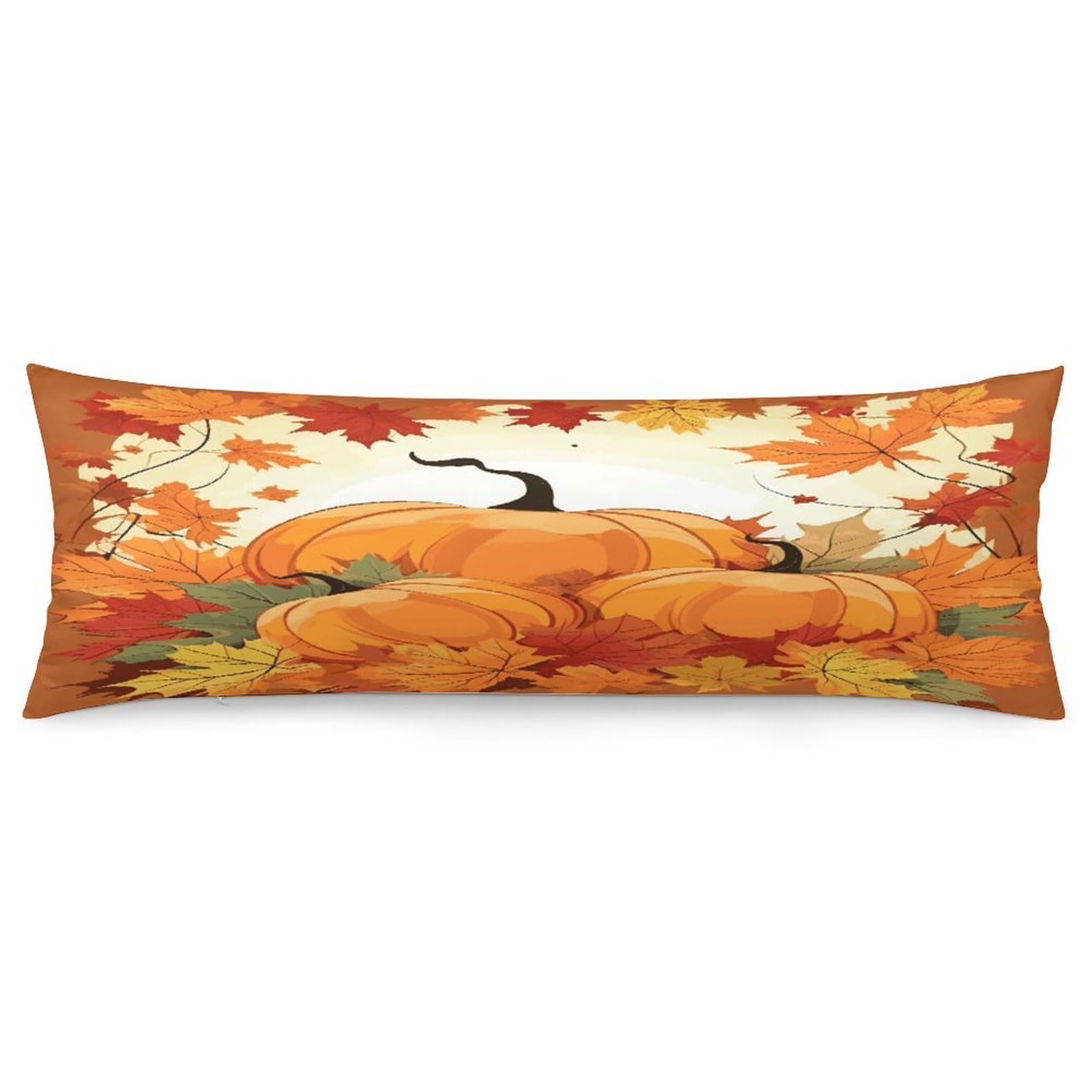Autumn Pumpkin Maple Leaves Body Pillow Cover Long Body Pillow Pillowcase with Hidden Zipper Ultra Soft Polyester Pillow Cases Breathable & Silky Long Pillows Case Cover 19x53 in