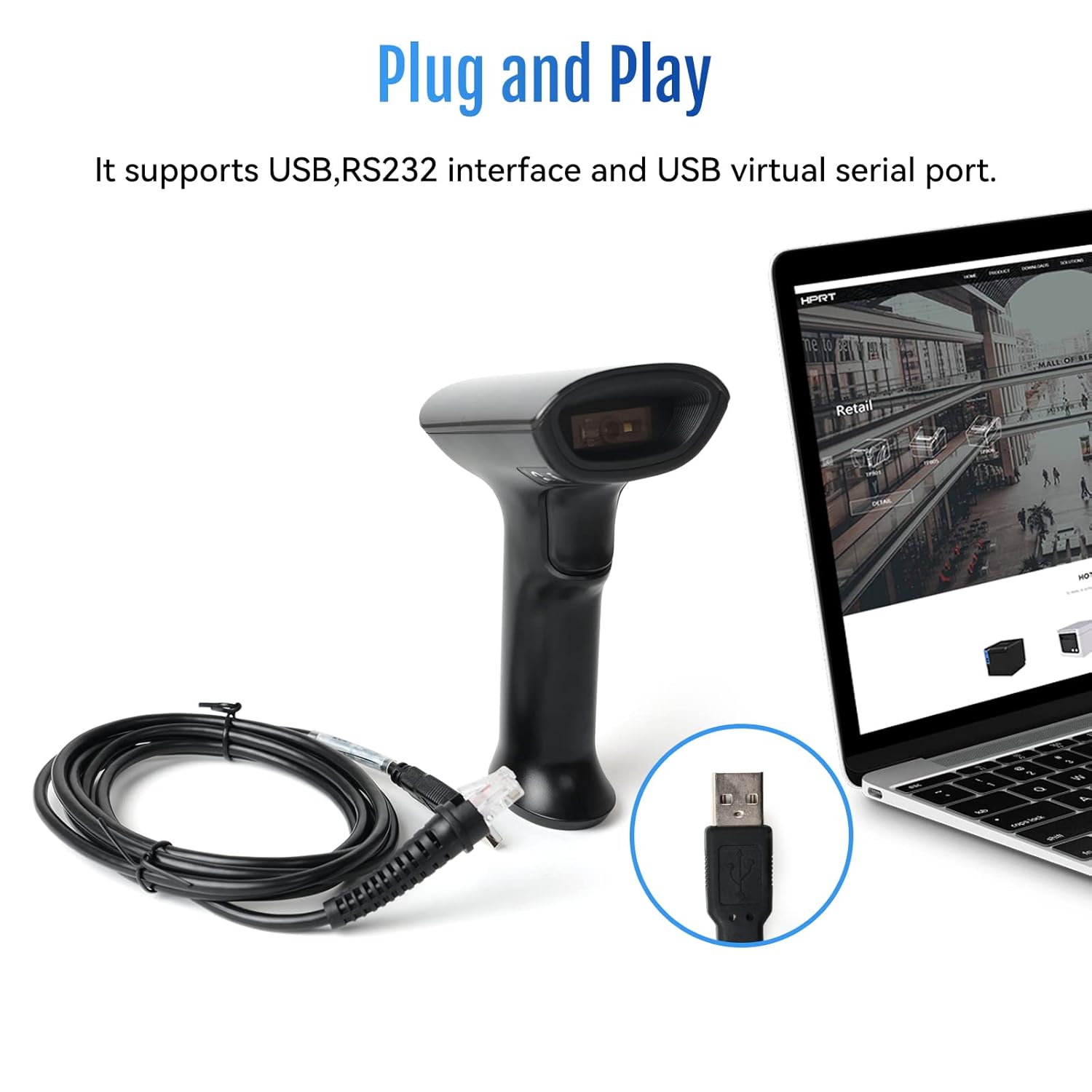 HPRT N80 Barcode Scanner connected via USB to a laptop
