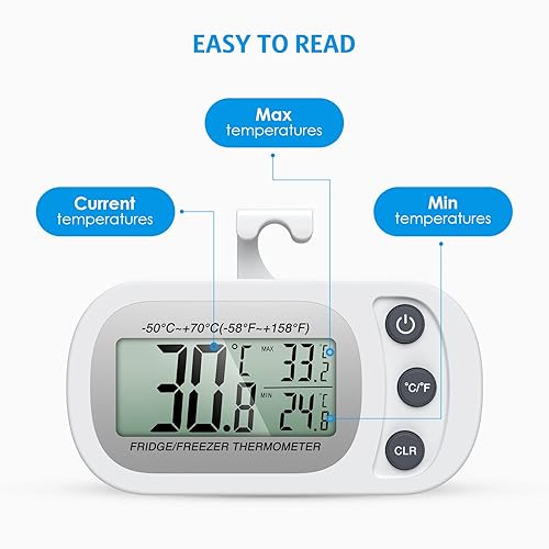 Miniatura 2 de Olipiter Termómetro de refrigerador mejorado, termómetro digital para congelador, termómetro impermeable para refrigerador con gancho, pantalla LCD,