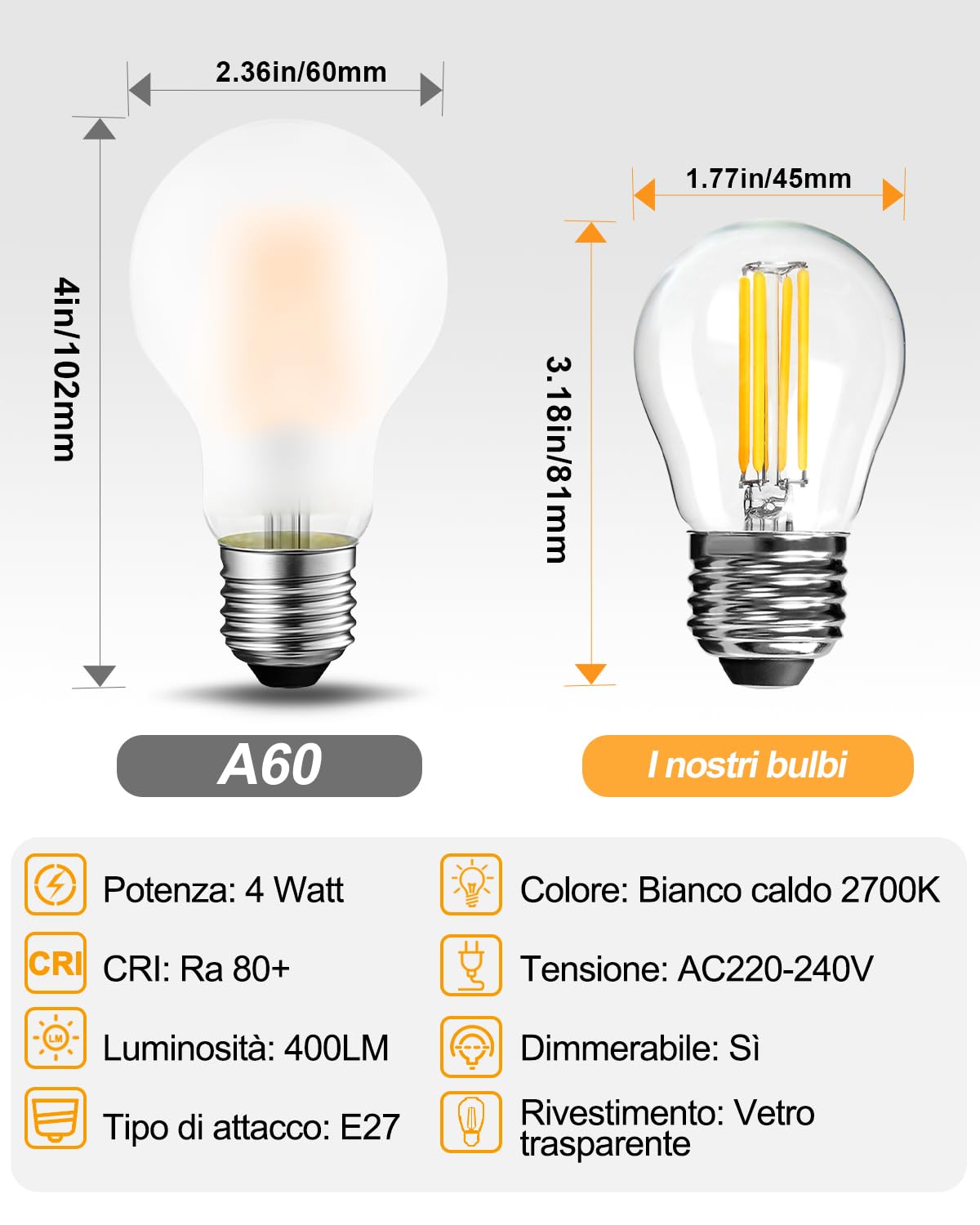 BRIMAX LED E27 Dimmerabile Lampadina G45, Bianco Caldo 2700K 4W | 10 pezzi, 400 lumen, AC220-240V, vetro trasparente, per lampadari, plafoniere, lampade da tavolo, soggiorno, sala da pranzo