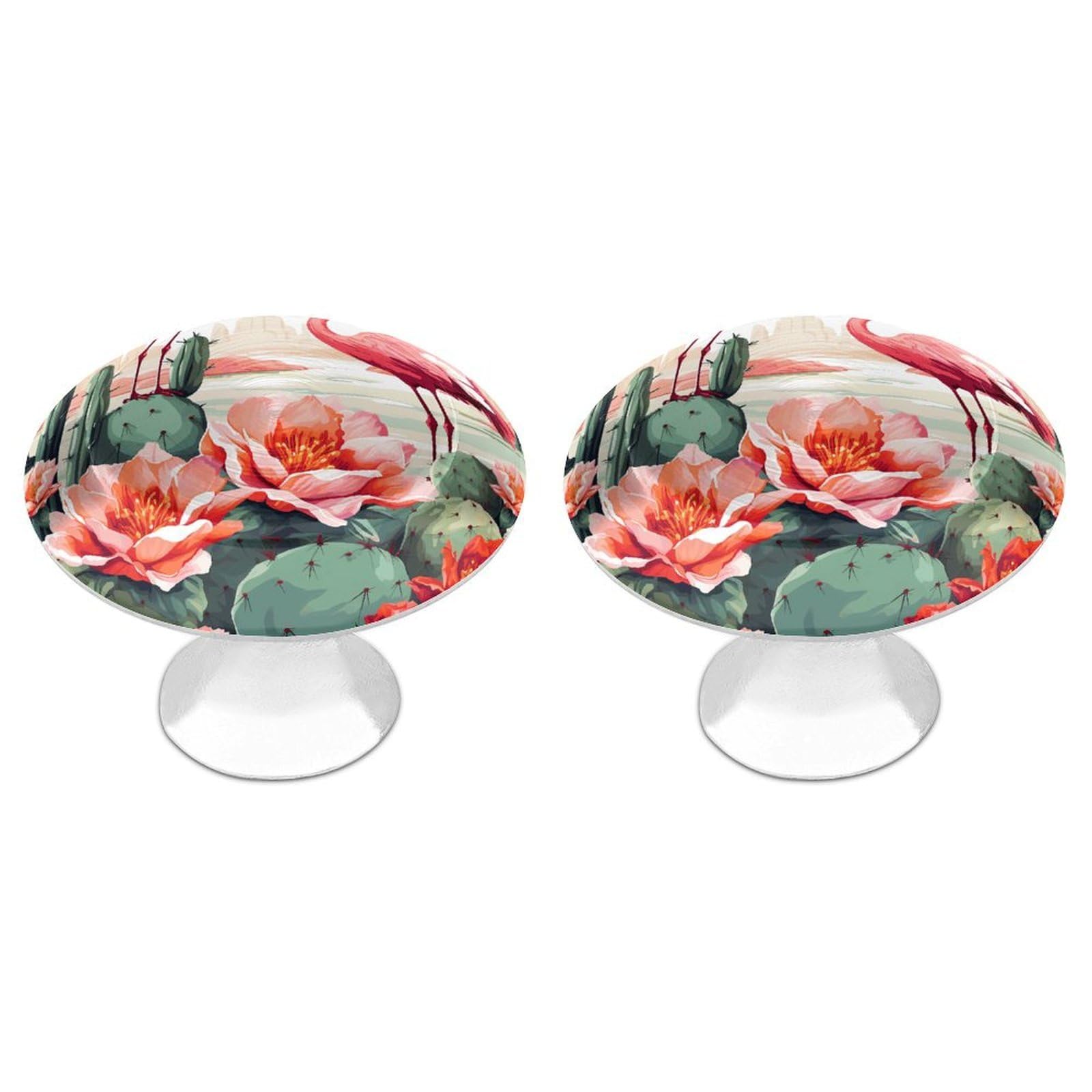 QMNLKH Cactus Flamingo Rose Flowers Cabinet Knobs for Home, Round Drawer Pulls for Kitchen, Personalized Cupboard Handles with Screw, Fashion Dresser Knobs for Office, Drawer Handles, 2 Packs