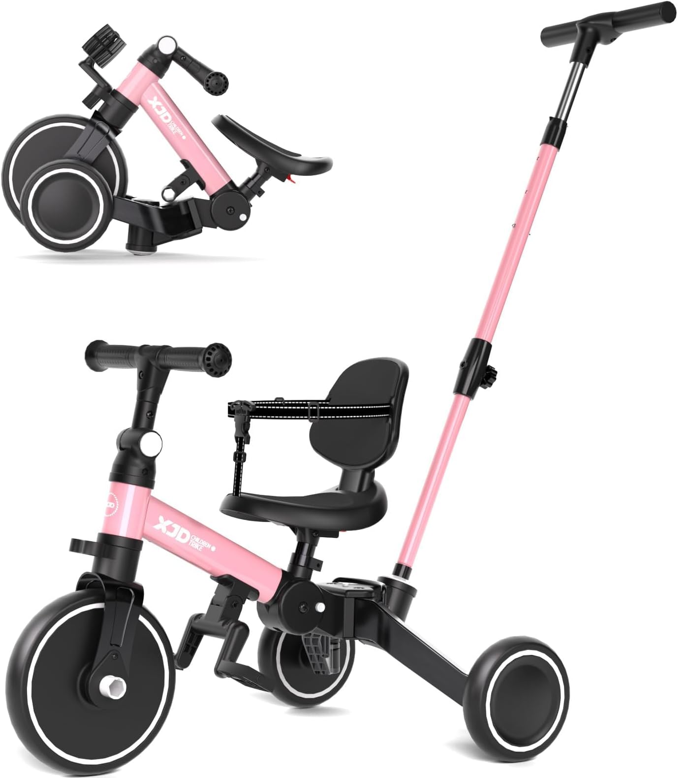 Toddler Bike, 6 in 1 Folding Toddler Tricycle for 1-4 Year Old with Push Handle, Balance Bike with Removable Pedal,Backrest, Adjustable Seat Height and Handle, First Birthday Gifts (Pink)