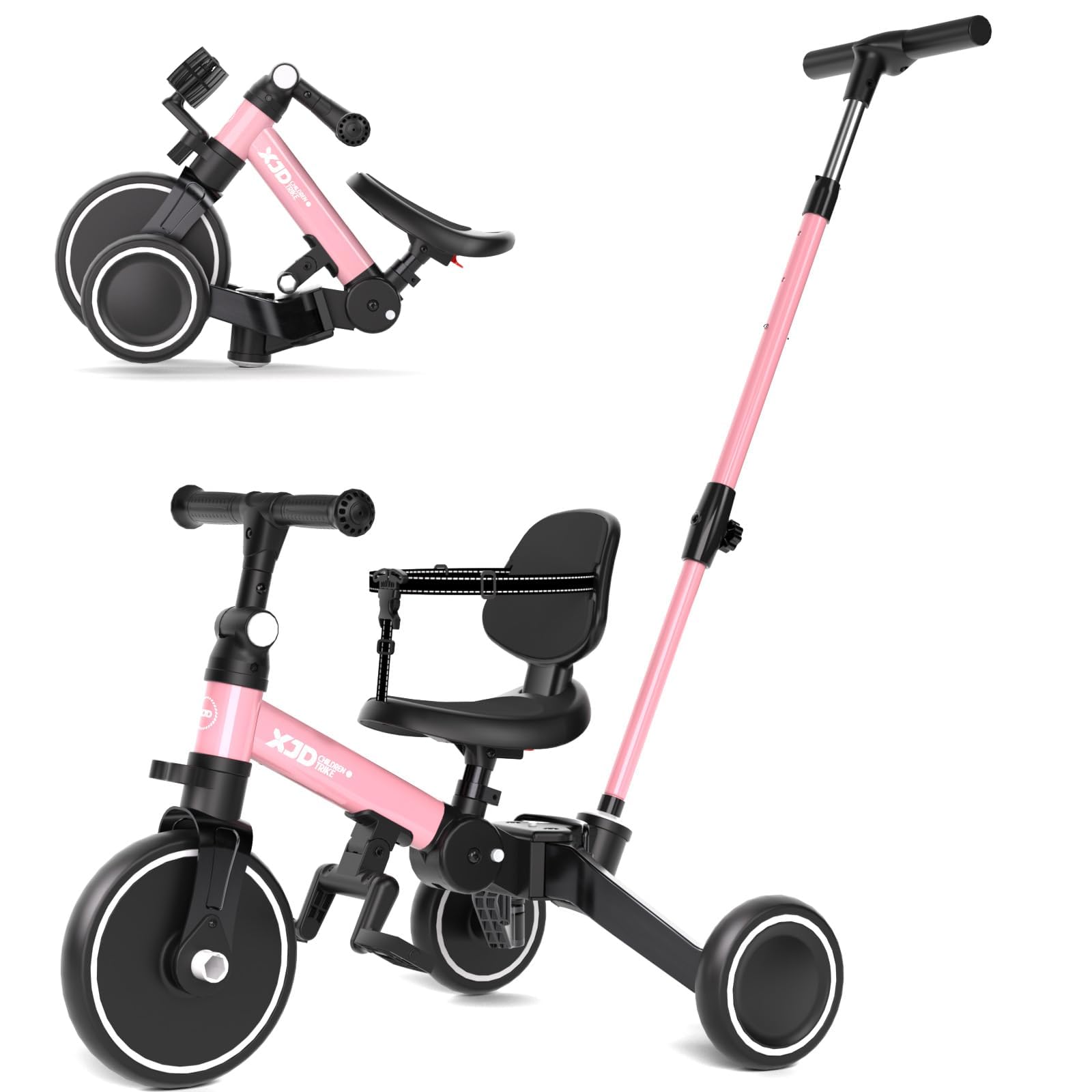 Toddler Bike, 6 in 1 Folding Toddler Tricycle for 1-4 Year Old with Push Handle, Balance Bike with Removable Pedal,Backrest, Adjustable Seat Height and Handle, First Birthday Gifts (Pink)