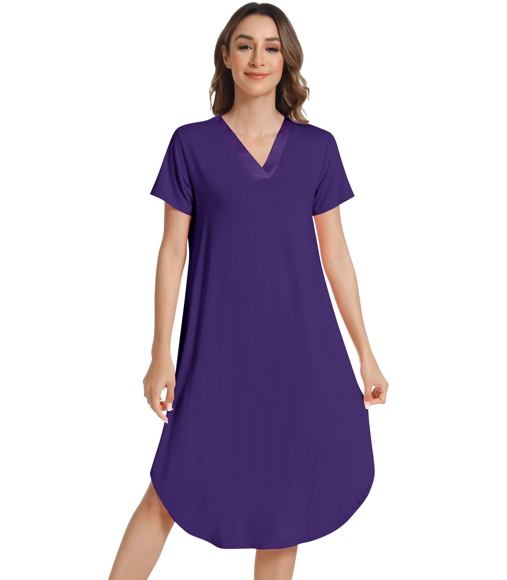 NACHILA Nightgowns for Women-Viscose Made from Bamboo, Short Sleeve Nightgown V Neck Nightshirt Soft Sleepwear Dress