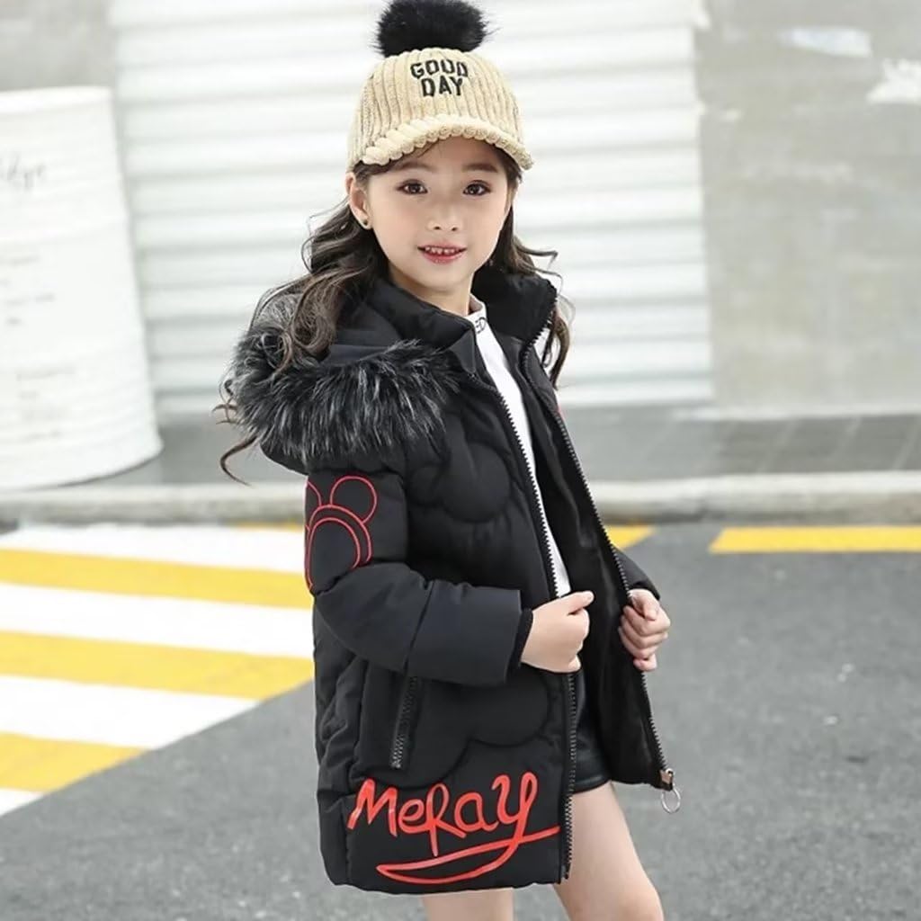 linboo Giacca invernale da ragazza con cappuccio in pelliccia rimovibile, caldo cappotto lungo per bambini, parka per attività all'aperto, con lettere e simpatici motivi