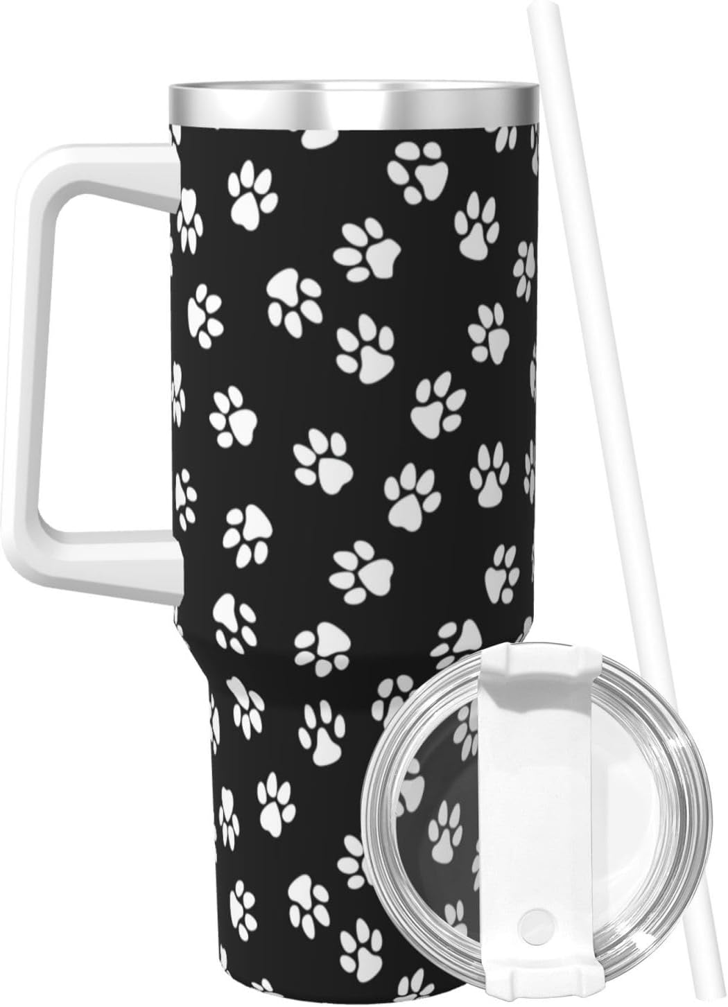 40 OZ Paw Print Print Ice Bully Cup with Handle Straw Lid Straw,Stainless Steel Tumbler Coffee Cup