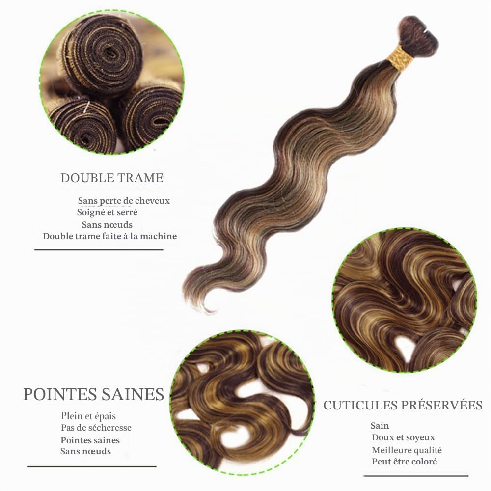 Human Hair Extensions Body Wave Human Hair Bundles Sew in Bundles P4/27 Highlight Blonde Unprocessed Virgin Cheveux Humain Minimal Smell Low Tangle for Women 1 Bundle 16 Inch