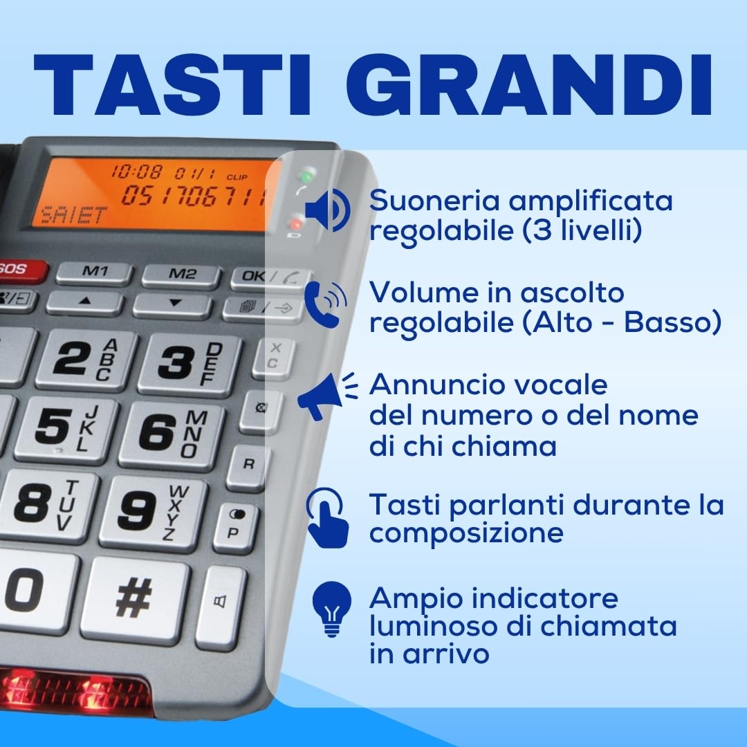 Telefono Fisso con SOS e Telecomando di Emergenza, Tasti Parlanti, SAIET | FAMILY TELE SOS con Display LCD Retroilluminato, Annuncio Vocale del Chiamante, Vivavoce e Rubrica fino a 30 Contatti