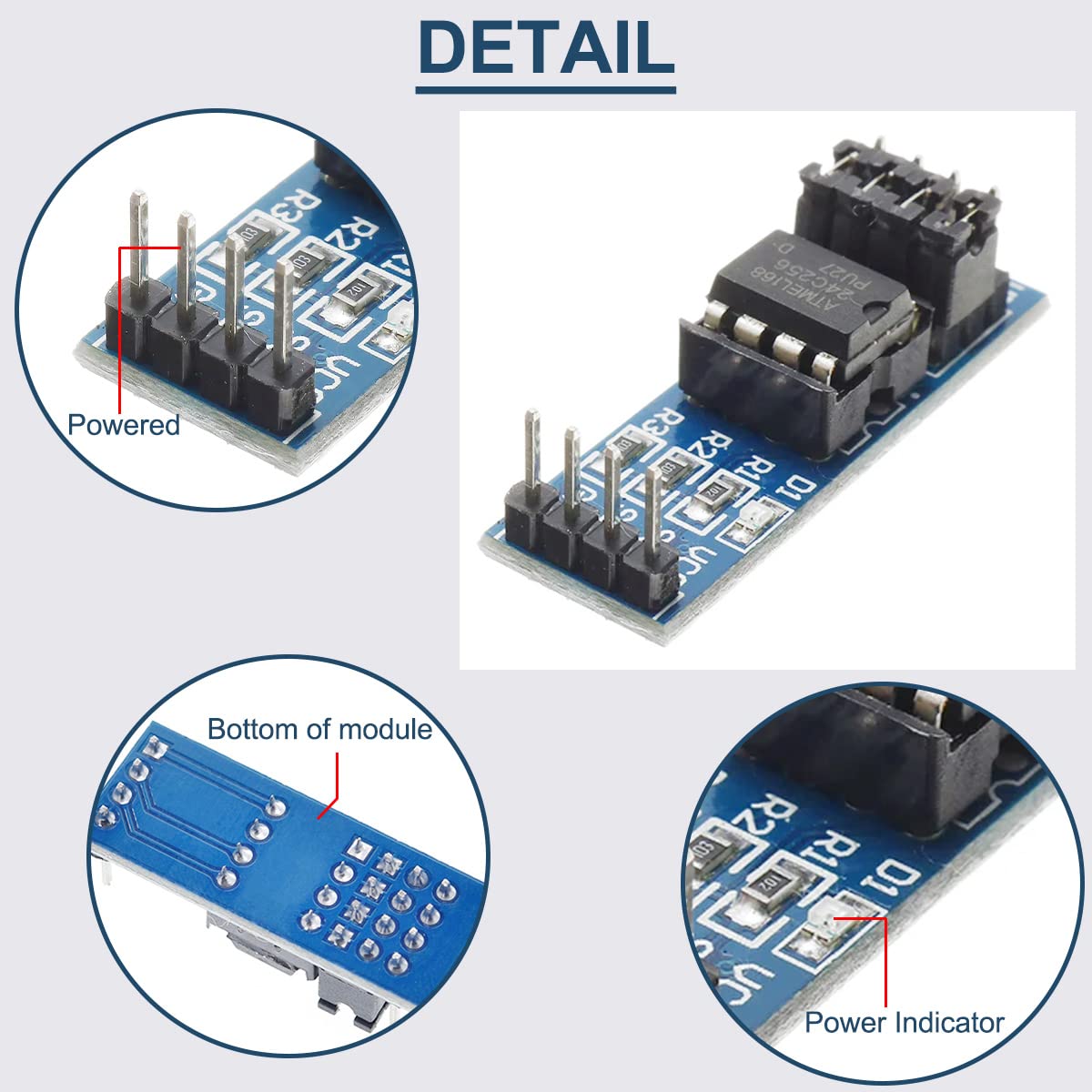Detailed view of the AT24C256 module connections and power indicator