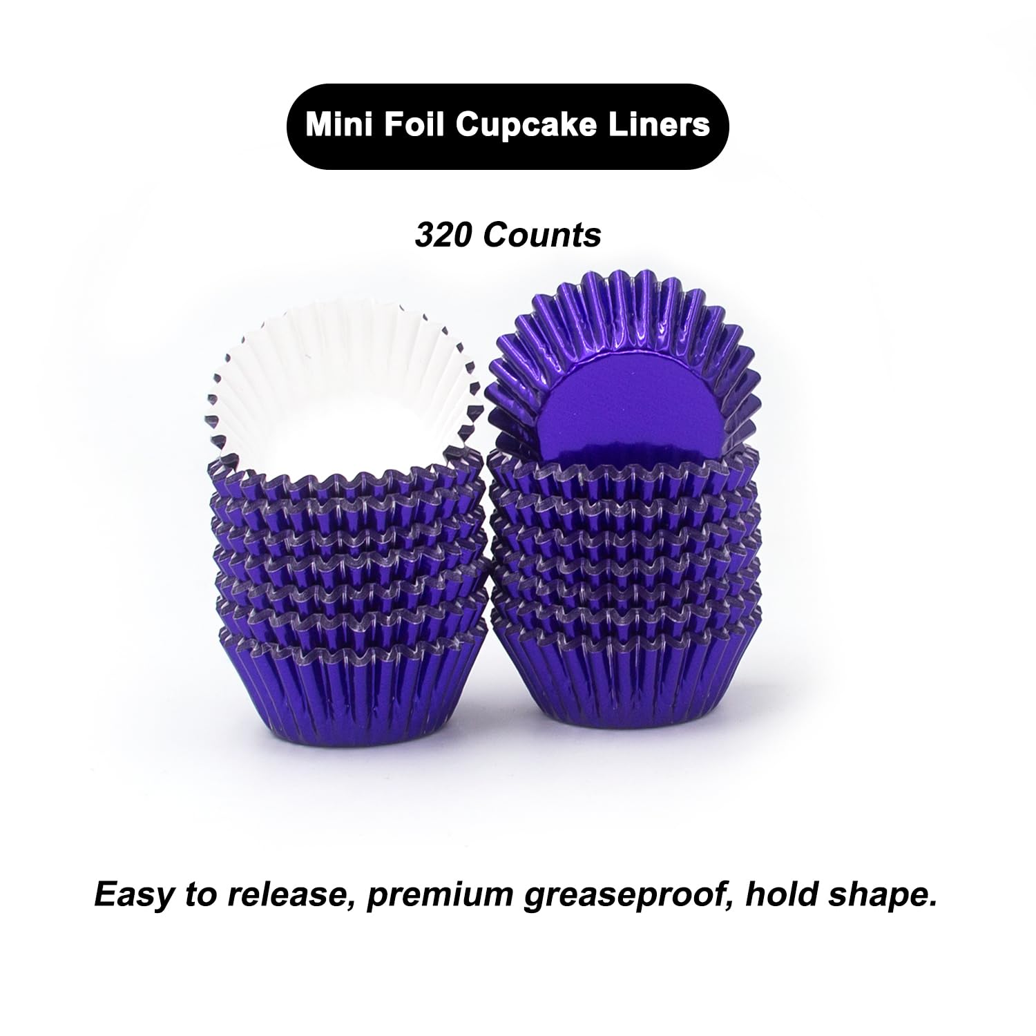 Bakexcel Mini Foil Paper Cupcake Liners, Perfect for Mini Cupcakes, Muffins and Other Treats, Pack of 320, Purple